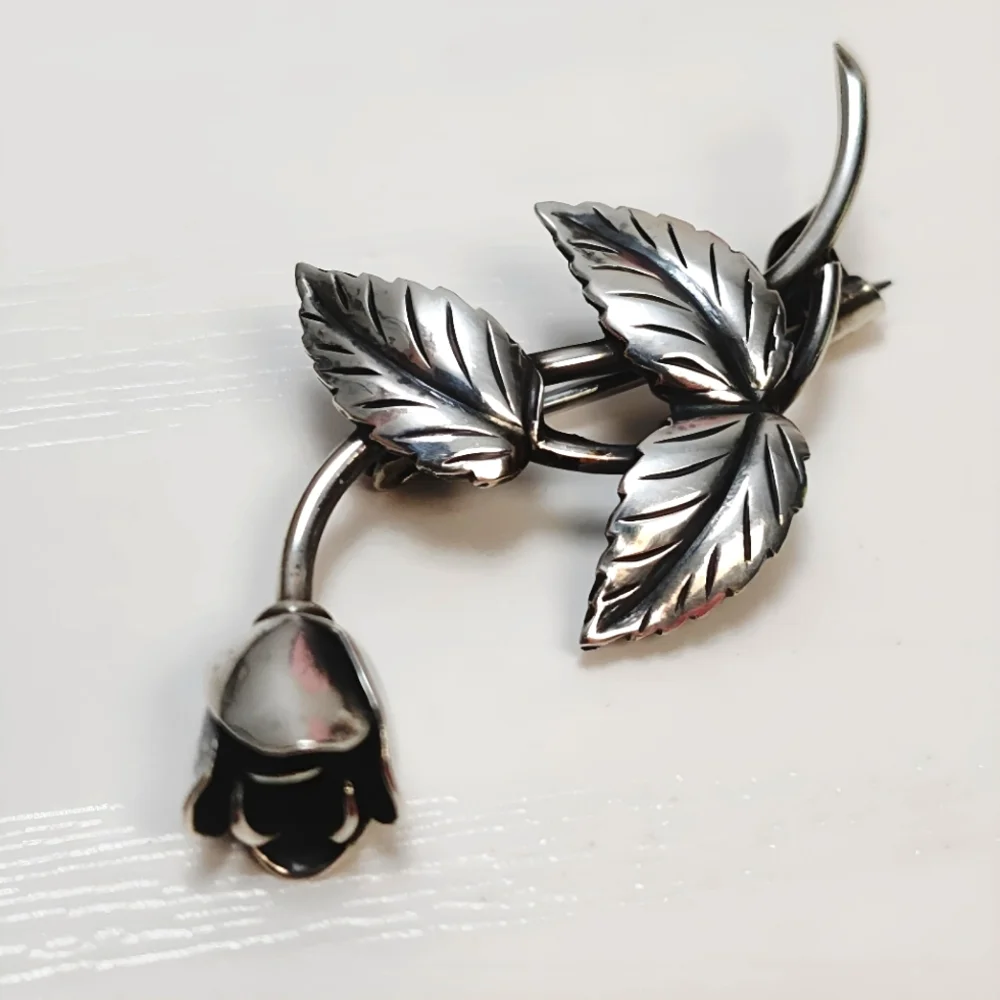 Vintage 1954 Sterling Silver Swedish Designer Tage Linde Rose Brooch Pin - Picture 4 of 11